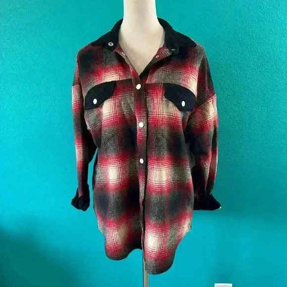 NWT POL Womens Wool Blend Red & Black Plaid Shacket Shirt Jacket Size S - Picture 2 of 7